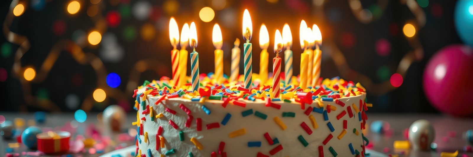 Colorful birthday cake with lit candles decorated for a celebration in a festive setting